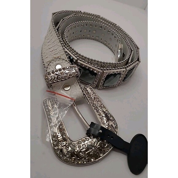 Genuine Leather Belt White Silver Buckle Studded Mirror Style Western Rock Retro - Picture 1 of 15